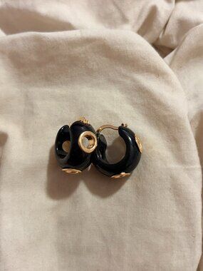 Free People Gold Tone Black Enamel Chunky Hoop Earrings Indie Sleaze